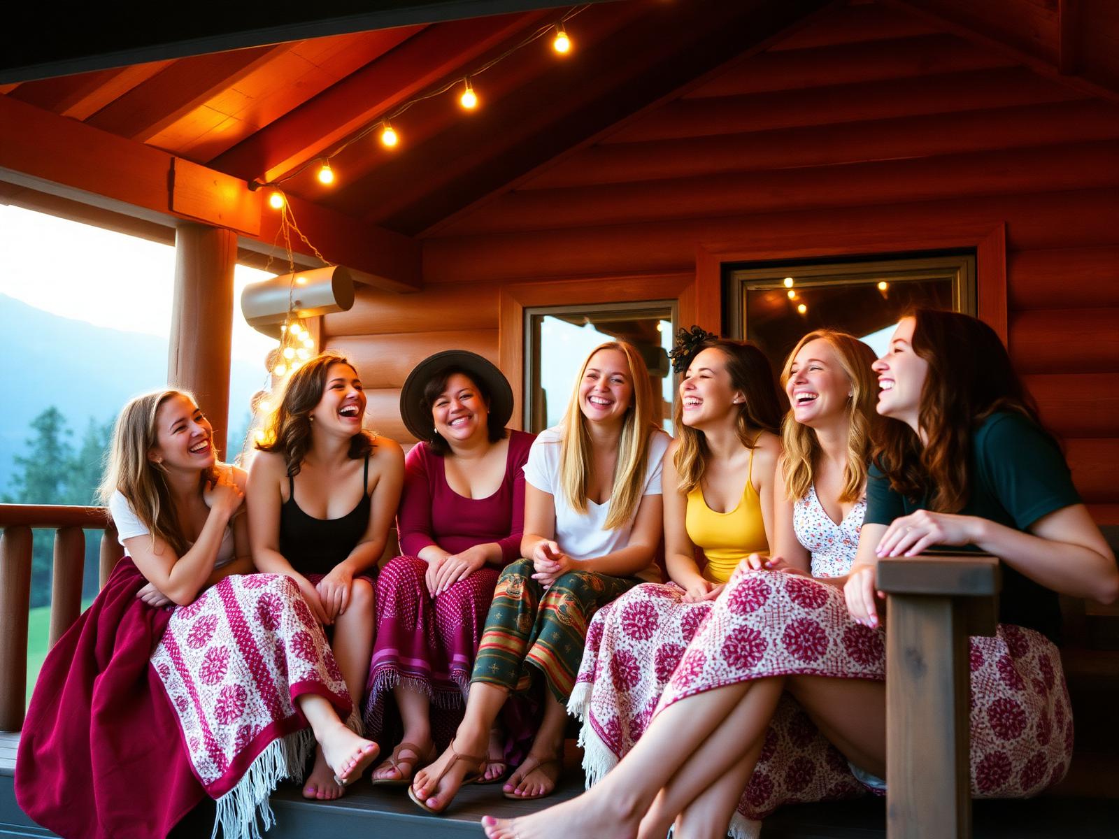 Group of women laughing on a cabin porch at golden hour